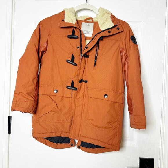 Zara Parka Sherpa Lined Toggle Orange Hooded‎ Jacket Boys 128cm Size 8 - Picture 2 of 6